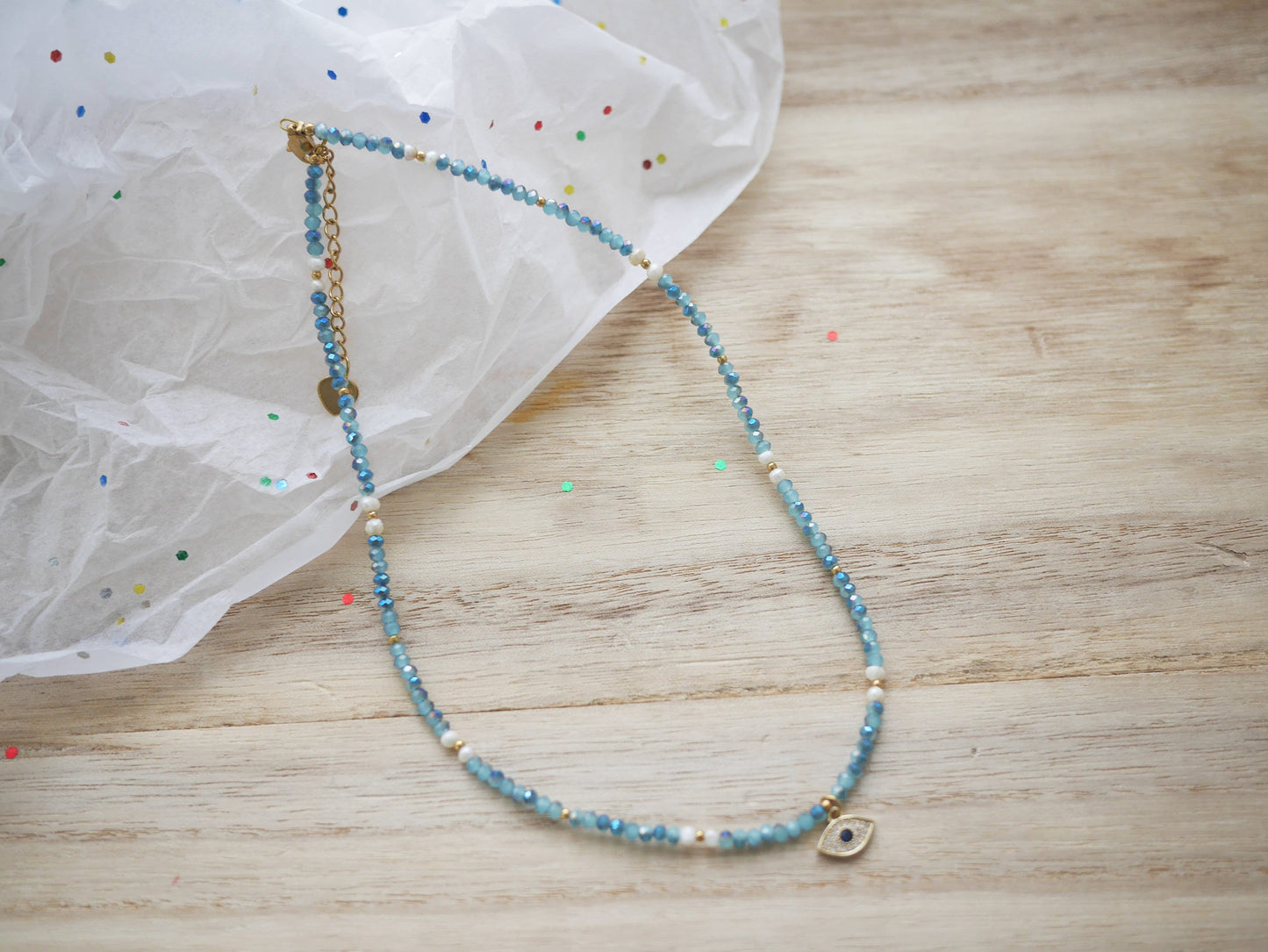 Dainty Blue Beaded Choker Necklace with Evil Eye Pendant