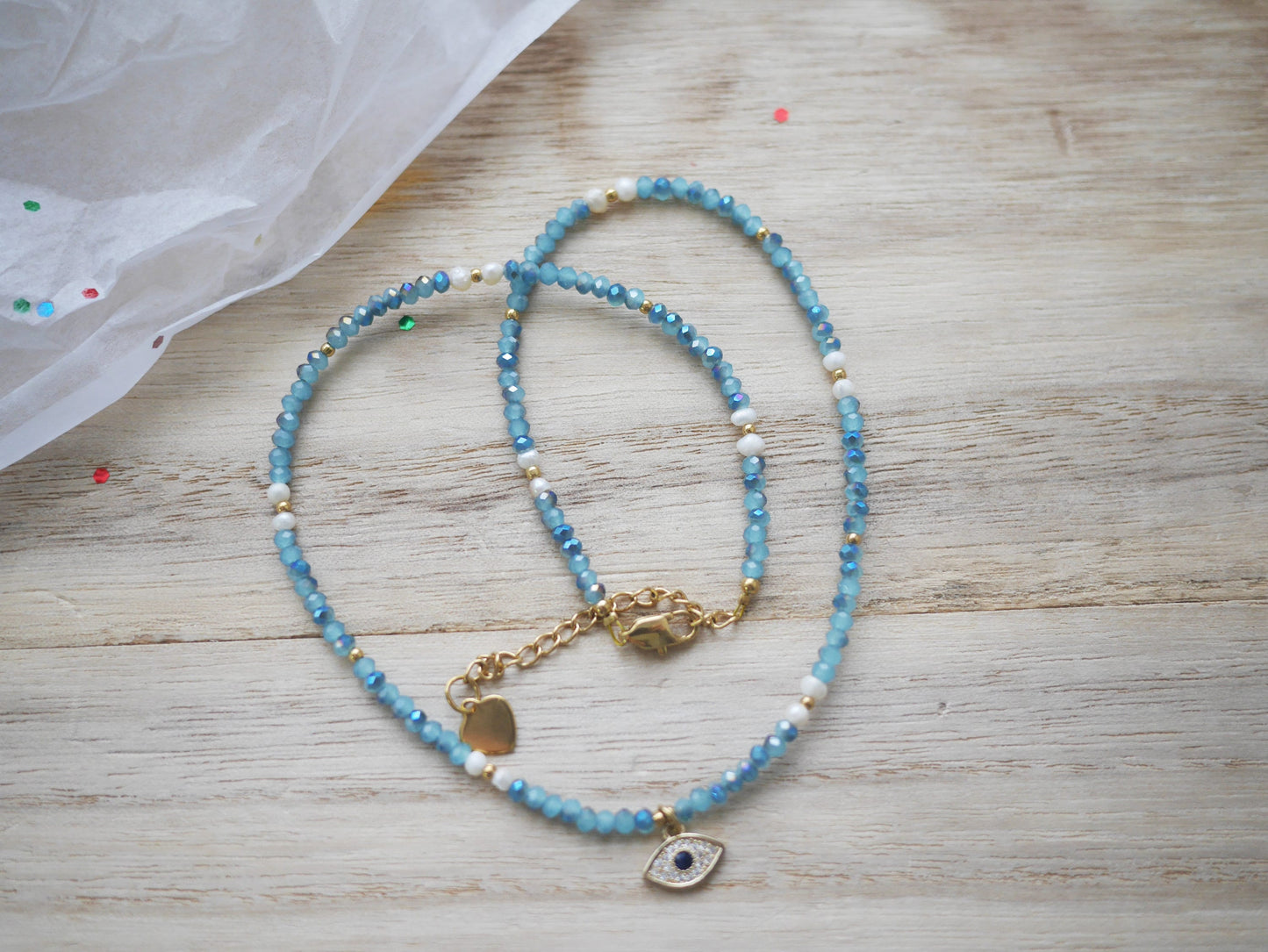 Dainty Blue Beaded Choker Necklace with Evil Eye Pendant
