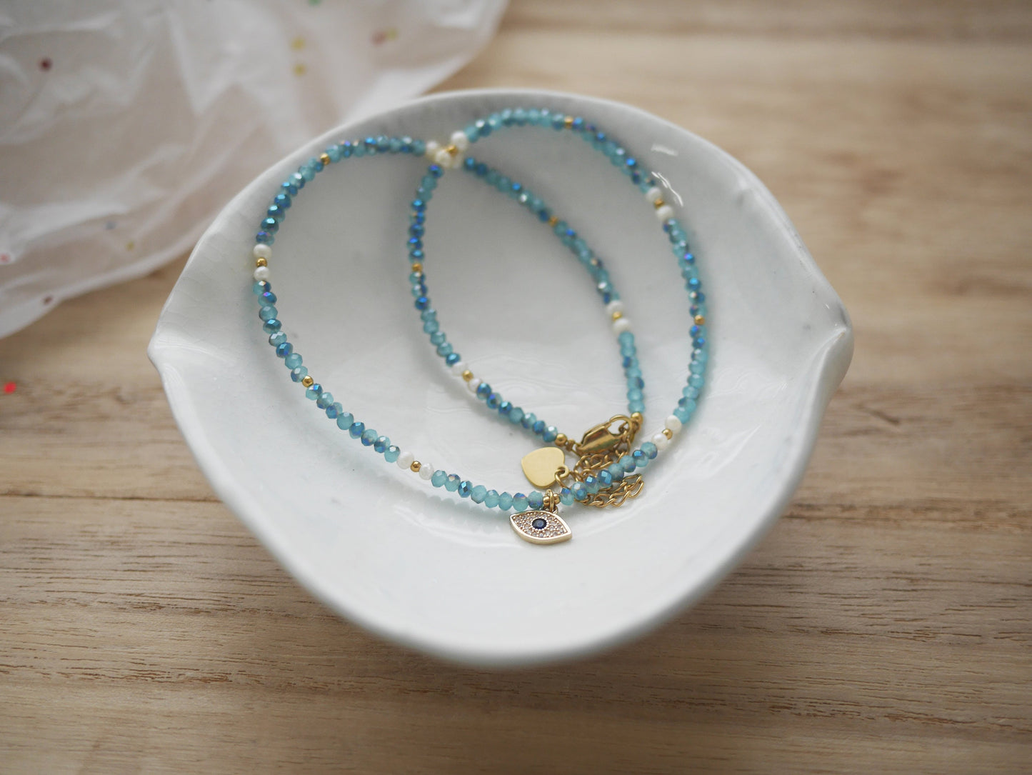 Dainty Blue Beaded Choker Necklace with Evil Eye Pendant