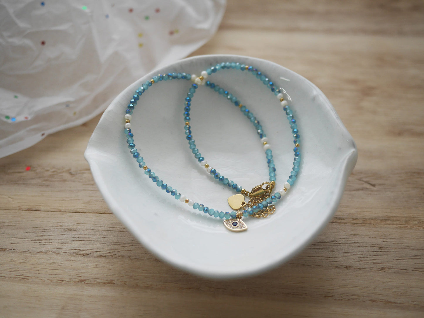 Dainty Blue Beaded Choker Necklace with Evil Eye Pendant