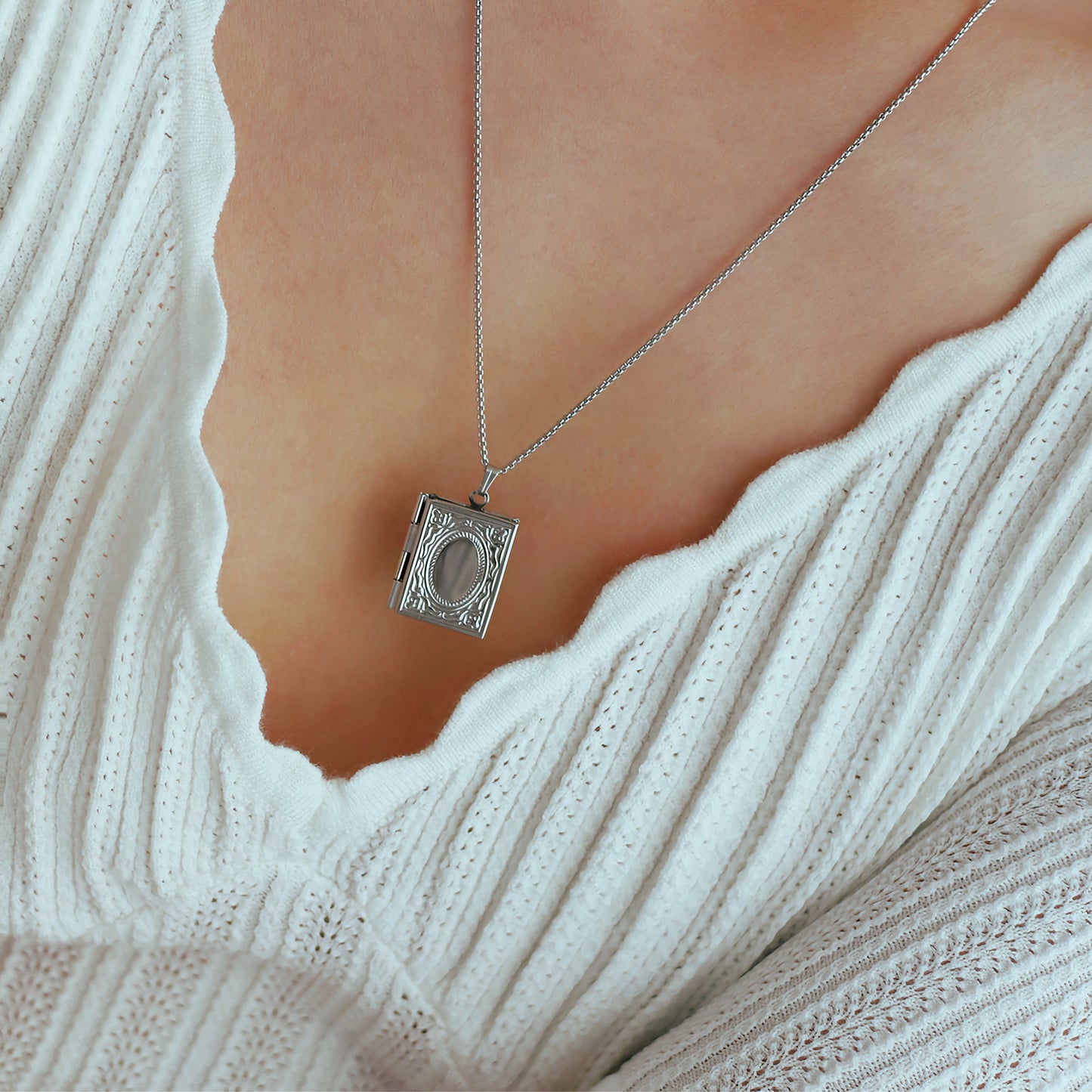 Book Locket Necklace with Customized Engraving, Vintage Silver Pendant with Picture and Initials, Graduation and Proposal Jewelry Gift.