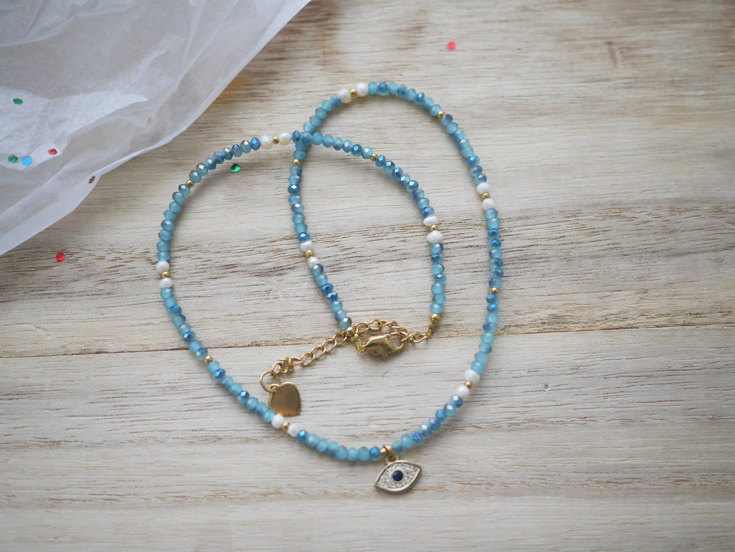Dainty Blue Beaded Choker Necklace with Evil Eye Pendant