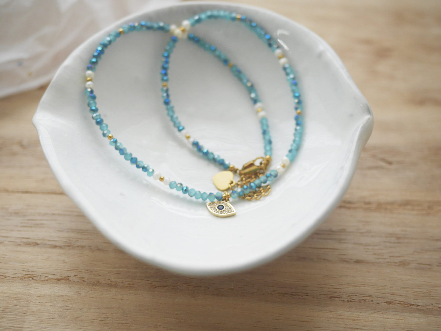 Dainty Blue Beaded Choker Necklace with Evil Eye Pendant