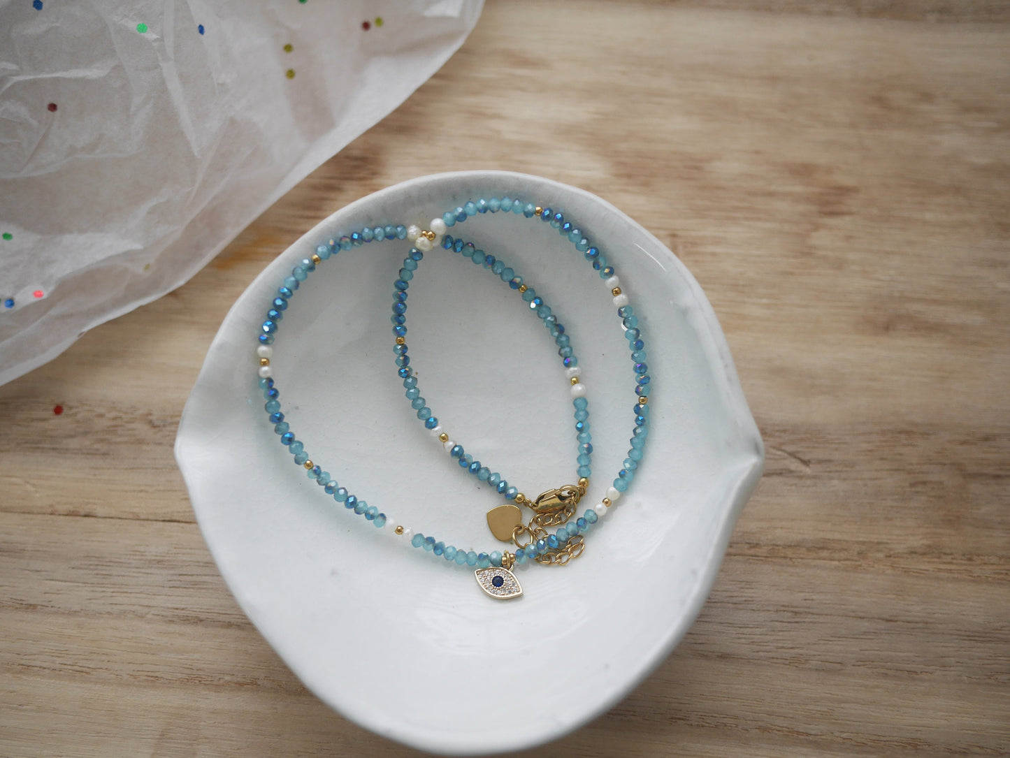 Dainty Blue Beaded Choker Necklace with Evil Eye Pendant