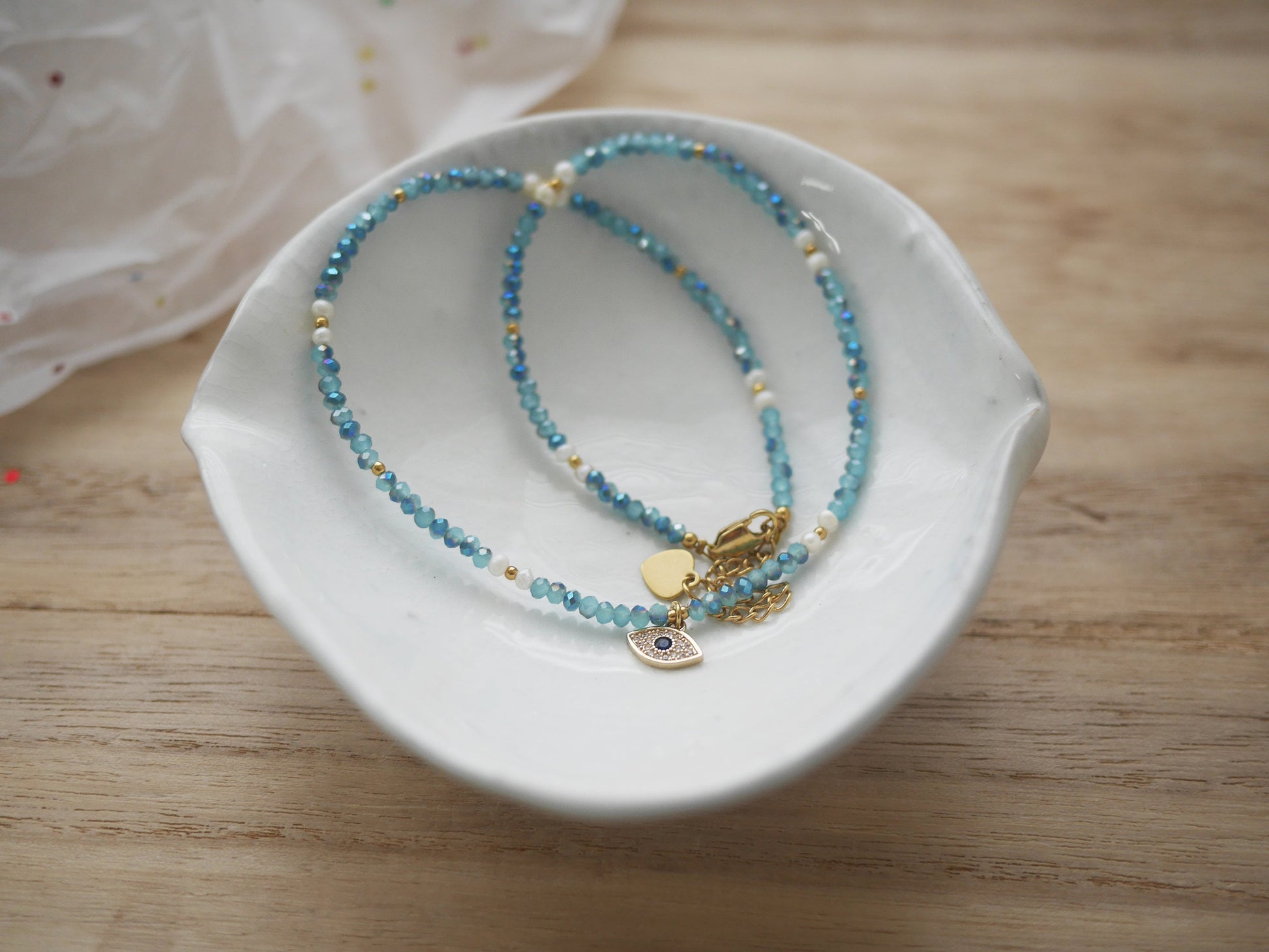 Dainty Blue Beaded Choker Necklace with Evil Eye Pendant