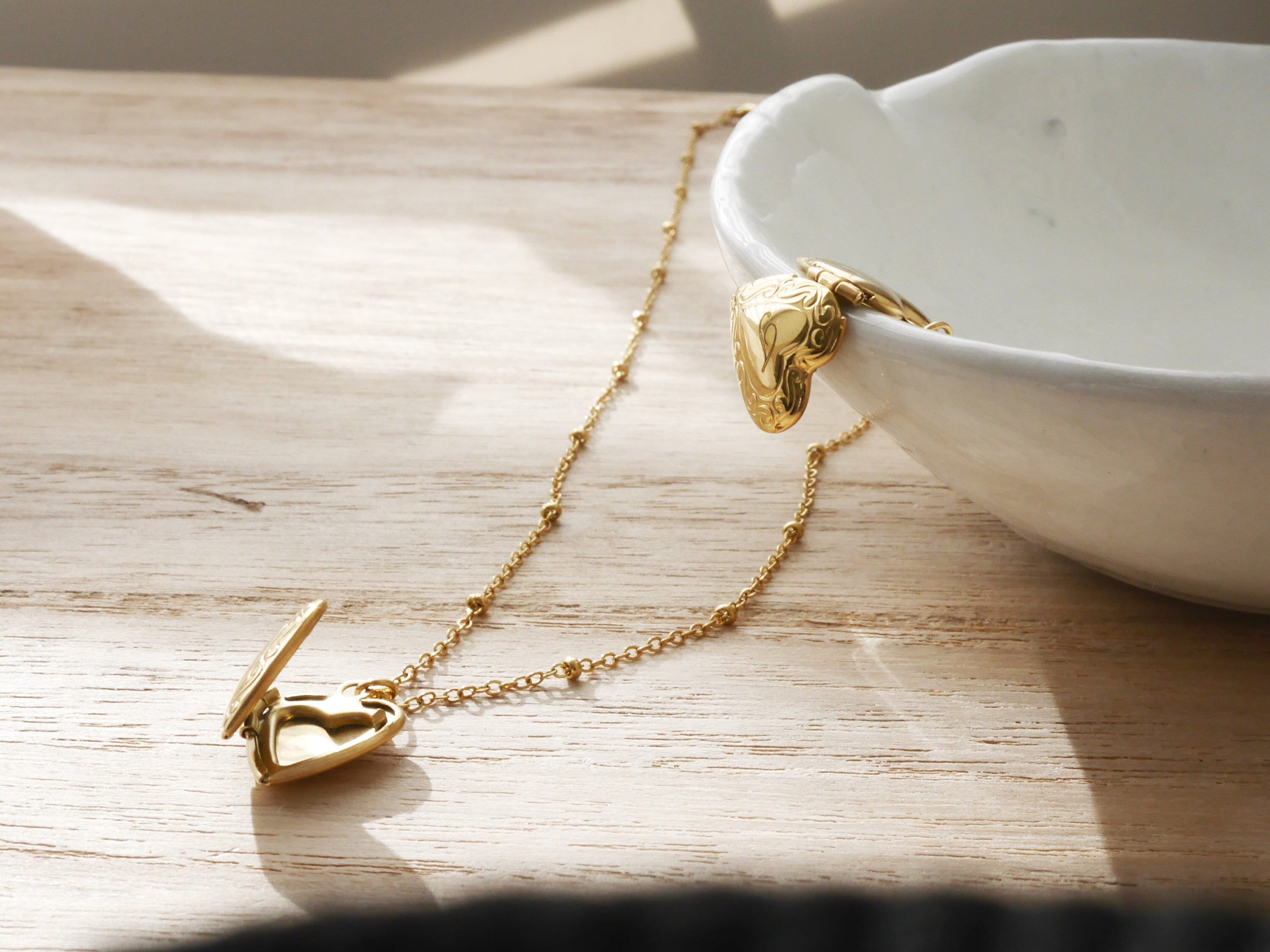 Engraved Mini Heart Locket Necklace Gold Heart Keepsake Beaded Chain 20