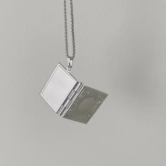 Book Locket Necklace with Customized Engraving, Vintage Silver Pendant with Picture and Initials, Graduation and Proposal Jewelry Gift.