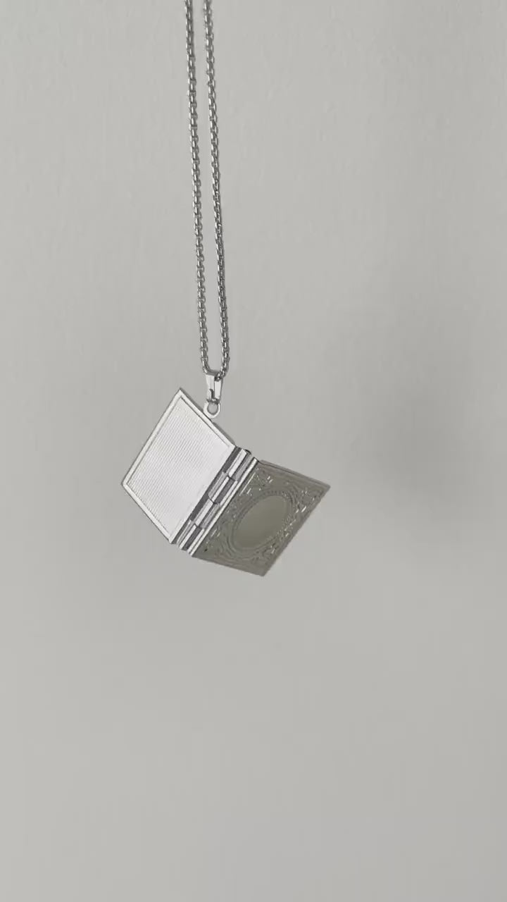 Book Locket Necklace with Customized Engraving, Vintage Silver Pendant with Picture and Initials, Graduation and Proposal Jewelry Gift.